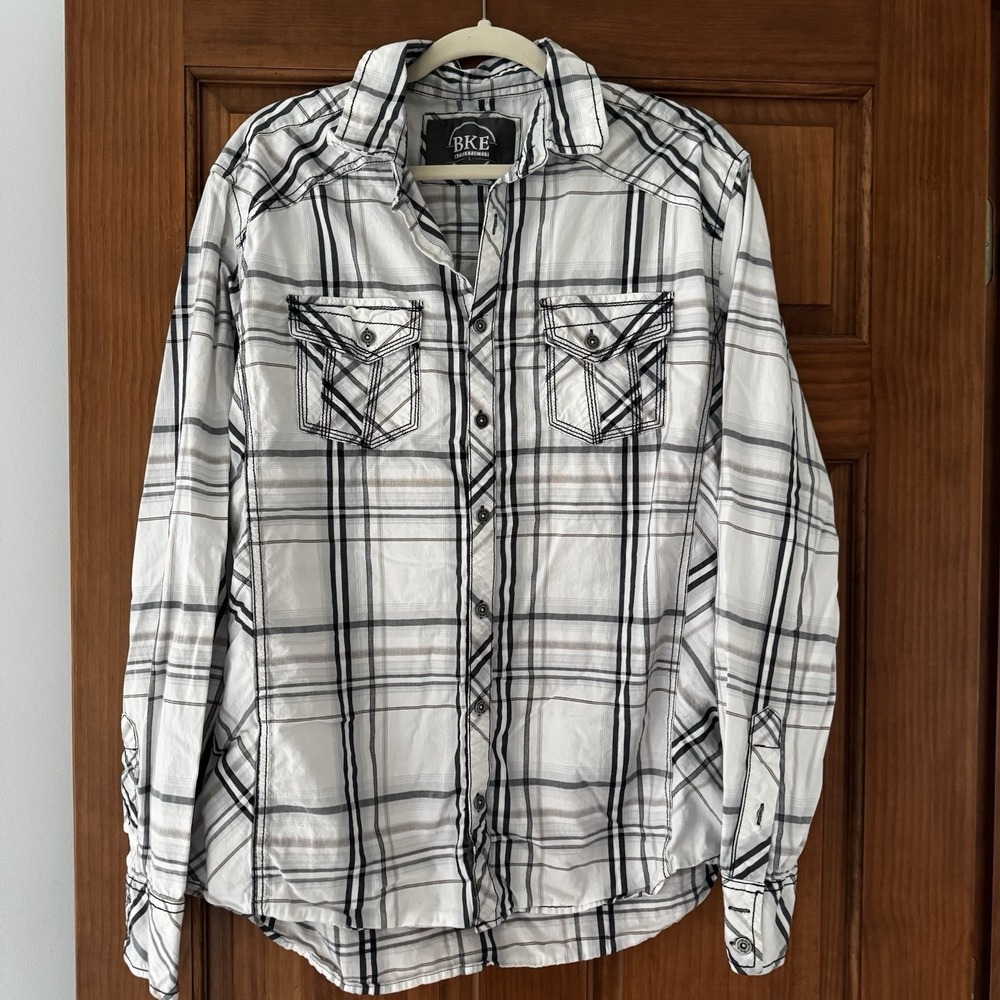BKE Button Up Shirt Men's Large White Plaid Athletic Fit Western Casual